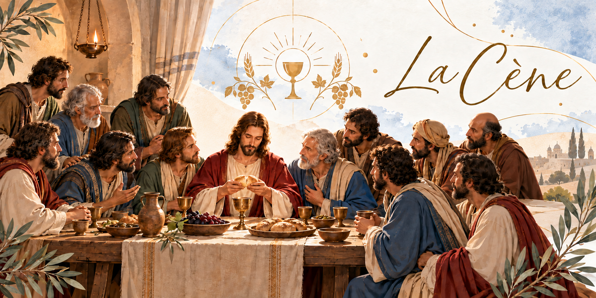 Illustration de la Cène, une longue table de bois couverte d'une nappe claire à bande brodée, le Christ au centre rompant le pain, les disciples penchés de part et d'autre dans des draperies rouges, bleues et crème, des coupes de métal doré, une jarre de terre, un plat de raisin noir, des olives et des pains, une lampe à huile suspendue sous une arcade à gauche, les collines au loin à droite, un emblème doré figurant un calice rayonnant entouré de grappes et d'épis, et le titre La Cène en lettres dorées