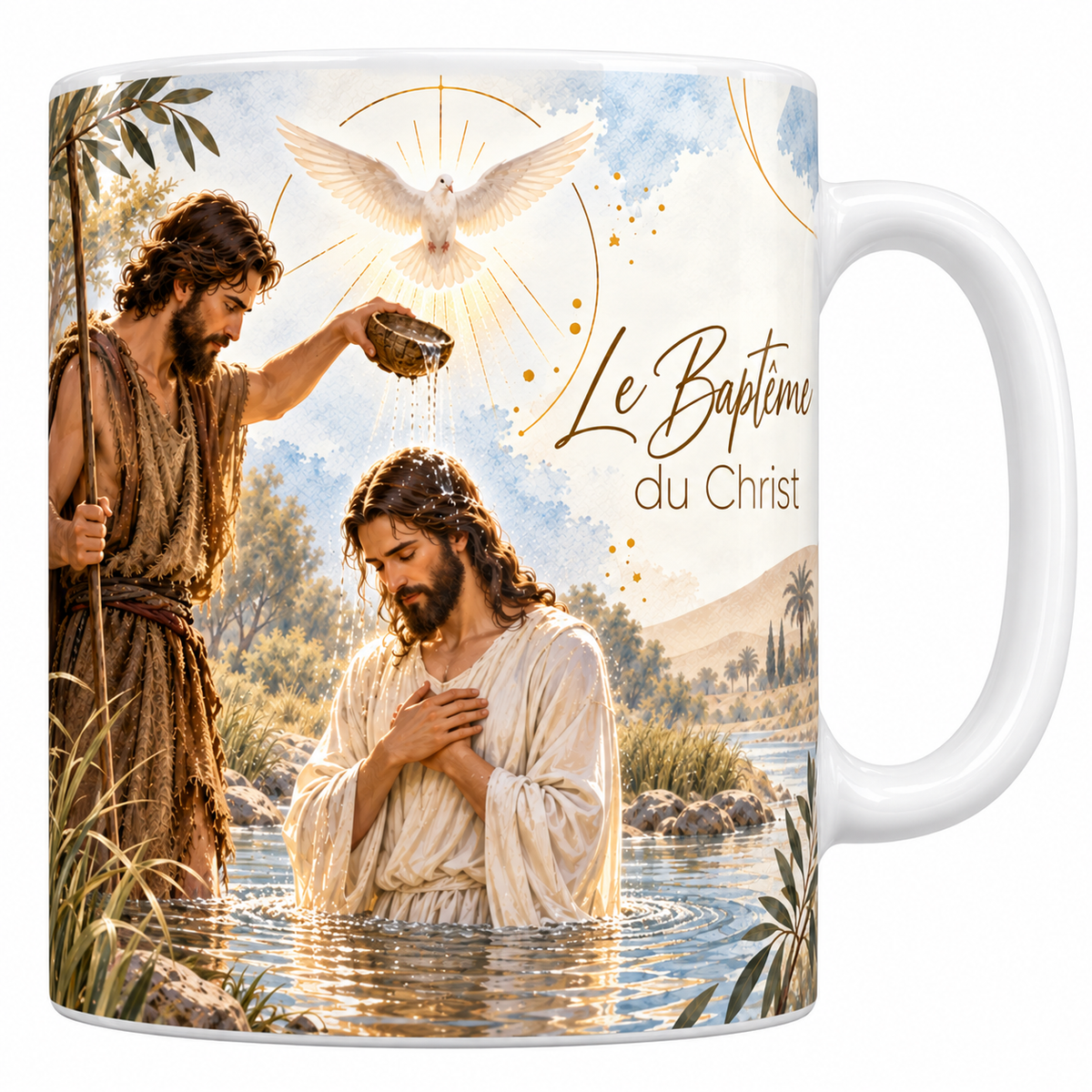 Mug céramique blanche 330 ml illustré du Baptême du Christ, Jean-Baptiste vêtu de peau versant l'eau d'une coupe, le Christ debout dans la rivière en tunique blanche, la colombe rayonnante au-dessus et le titre Le Baptême du Christ en lettres dorées