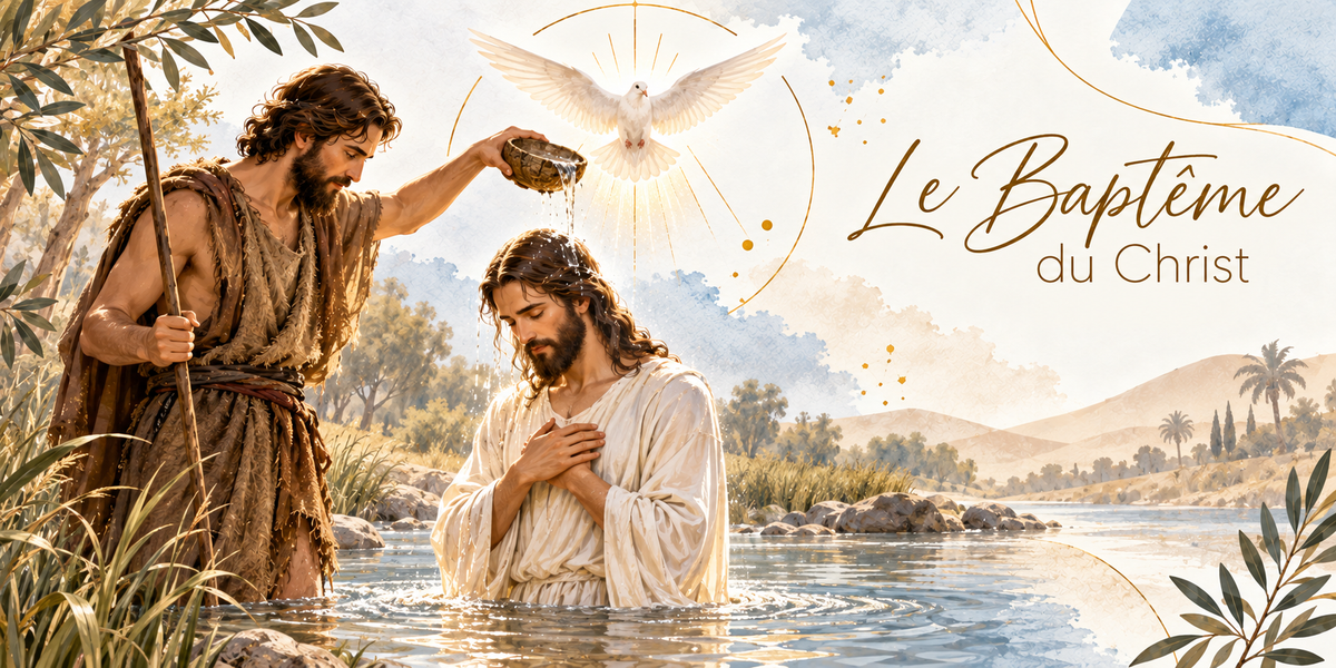 Illustration du Baptême du Christ, Jean-Baptiste à gauche vêtu d'une peau de bête et tenant un long bâton, versant l'eau d'une coupe sur la tête du Christ, le Christ debout dans la rivière en tunique blanche, les mains croisées sur la poitrine et la tête inclinée, une colombe blanche aux ailes déployées rayonnant de lumière au-dessus d'eux, les roseaux et les rochers de la berge, les collines et les palmiers au loin, des rameaux d'olivier en bordure et le titre Le Baptême du Christ en lettres dorées