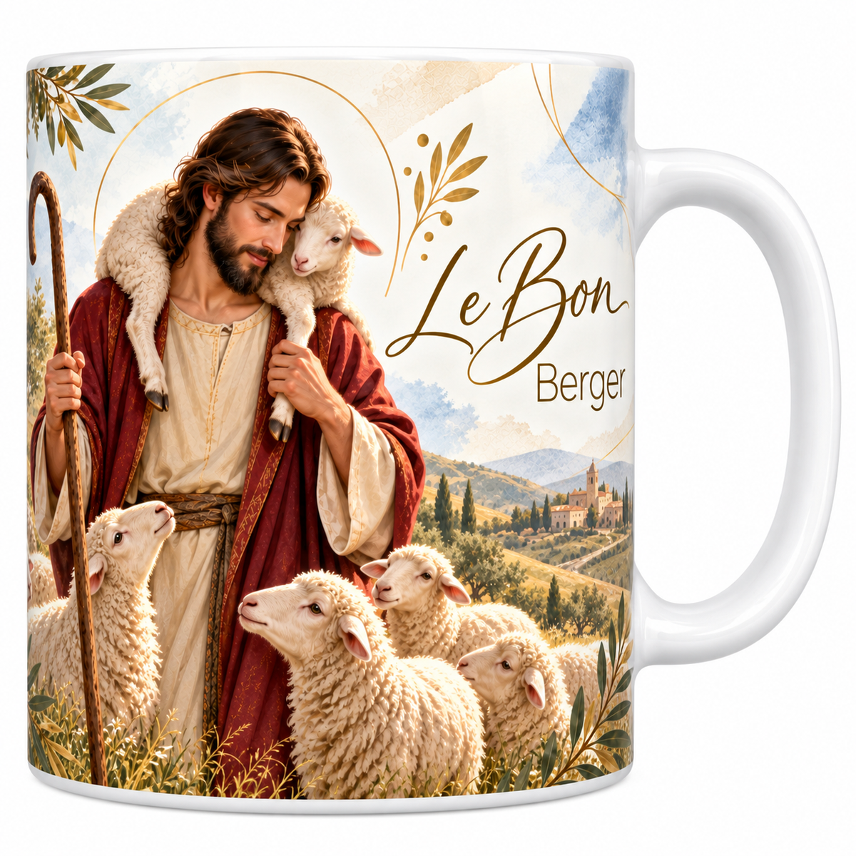 Mug céramique blanche 330 ml illustré du Bon Berger, le Christ debout tenant une houlette de bois et portant un agneau sur les épaules, le troupeau rassemblé autour de lui, les collines au loin et le titre Le Bon Berger en lettres dorées