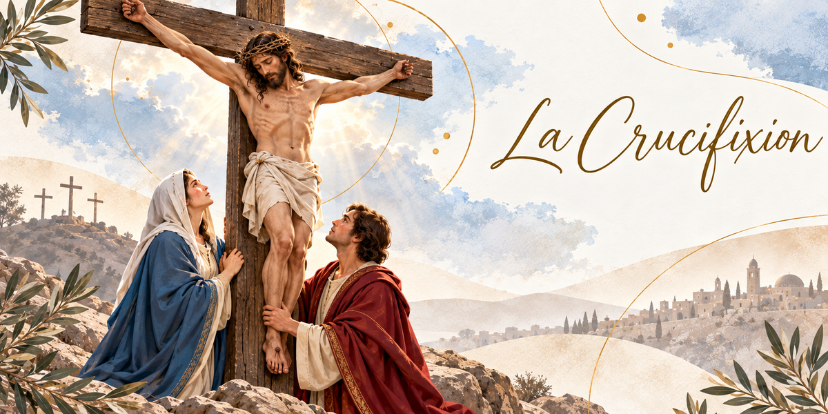 Illustration de la Crucifixion, une haute croix de bois brut au centre portant le Christ couronné d'épines, un linge clair noué aux hanches, Marie en manteau bleu et voile blanc levant les yeux vers lui à gauche, un disciple en manteau rouge agenouillé à droite touchant ses pieds, les trois croix du Golgotha en silhouette sur la colline, des rochers au premier plan, des rayons de lumière traversant les nuages, Jérusalem au loin et le titre La Crucifixion en lettres dorées