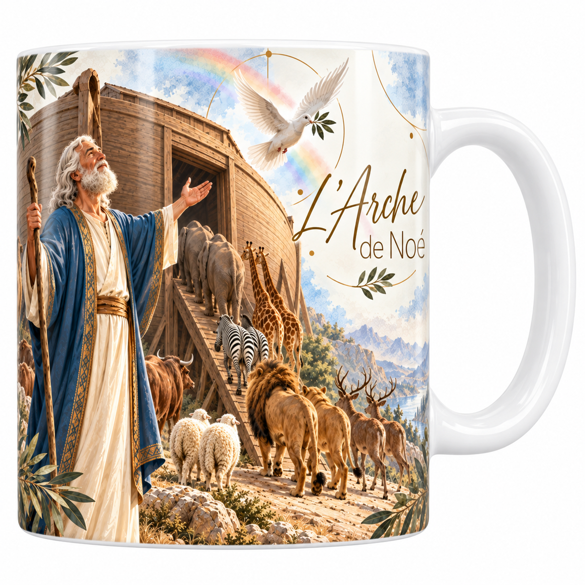 Mug céramique blanche 330 ml illustré de l'Arche de Noé, Noé à barbe blanche et manteau bleu levant le bras, les animaux montant deux par deux la passerelle de bois, la colombe au rameau, l'arc-en-ciel et le titre L'Arche de Noé en lettres dorées