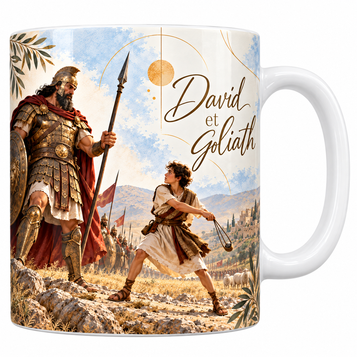 Mug céramique blanche 330 ml illustré de David et Goliath, le géant en armure dorée au casque à cimier tenant lance et bouclier, le jeune David en tunique claire faisant tourner sa fronde, les armées et les collines au loin et le titre David et Goliath en lettres dorées