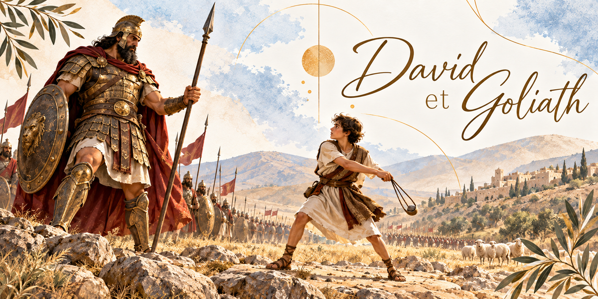 Illustration de David et Goliath, le géant à gauche en armure dorée, casque à cimier et manteau rouge, tenant une longue lance et un bouclier rond orné d'une tête de lion, le jeune David à droite en tunique claire ceinturée, le bras tendu faisant tourner sa fronde, les deux armées rangées avec leurs lances et leurs étendards dans la vallée, un troupeau de moutons, une ville sur la colline au loin, des rameaux d'olivier en bordure et le titre David et Goliath en lettres dorées