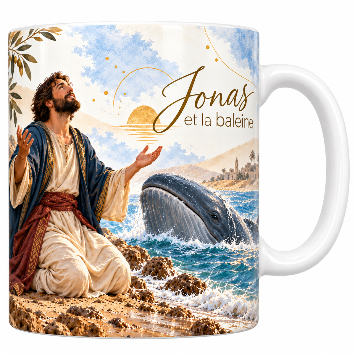 Mug céramique blanche 330 ml illustré de Jonas et la Baleine, Jonas agenouillé sur le rivage rocheux les bras levés, l'animal émergeant des flots devant lui, le soleil doré sur l'horizon et le titre Jonas et la Baleine en lettres dorées