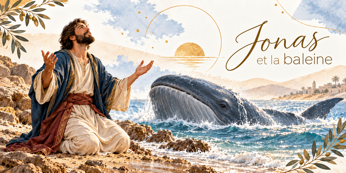 Illustration de Jonas et la Baleine, Jonas agenouillé sur un rivage rocheux à gauche, les bras levés, vêtu d'une tunique crème, d'un manteau bleu et d'une large ceinture rouge, un grand cétacé émergeant des flots au centre dans une gerbe d'écume, la mer turquoise et les rochers du bord, un soleil doré posé sur l'horizon, une ville côtière et des palmiers au loin, des rameaux d'olivier en bordure et le titre Jonas et la Baleine en lettres dorées