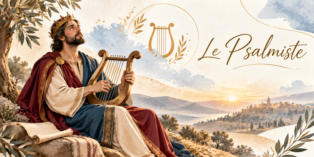 Illustration du Psalmiste, un roi couronné d'or assis sur un rocher sous un olivier, vêtu d'une tunique crème, d'un manteau bleu et d'une cape rouge à galons dorés, tenant contre lui une lyre de bois doré dont il pince les cordes, le regard levé, un rouleau de parchemin et une étoffe rayée posés à ses pieds, un emblème doré figurant une lyre encadrée de rameaux, les collines et une ville dans la lumière du soleil couchant, des rameaux d'olivier en bordure et le titre Le Psalmiste en lettres dorées