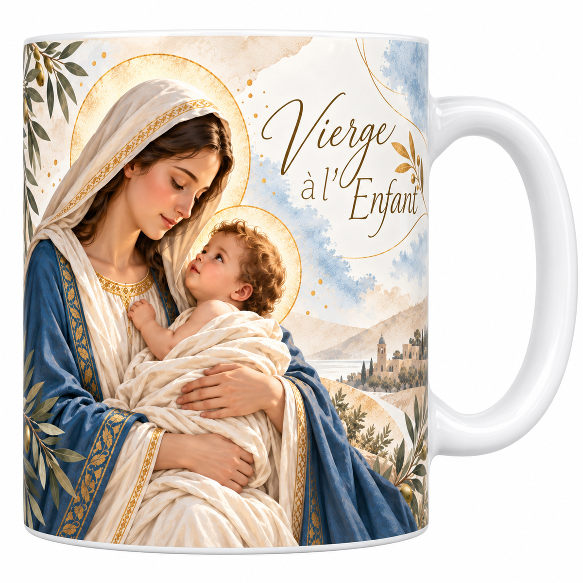 Mug céramique blanche 330 ml illustré d'une Vierge à l'Enfant, Marie en manteau bleu et voile clair bordé d'or avec un nimbe doré, l'enfant emmailloté de blanc dans ses bras qui lève les yeux vers elle, des rameaux d'olivier et le titre Vierge à l'Enfant en lettres dorées