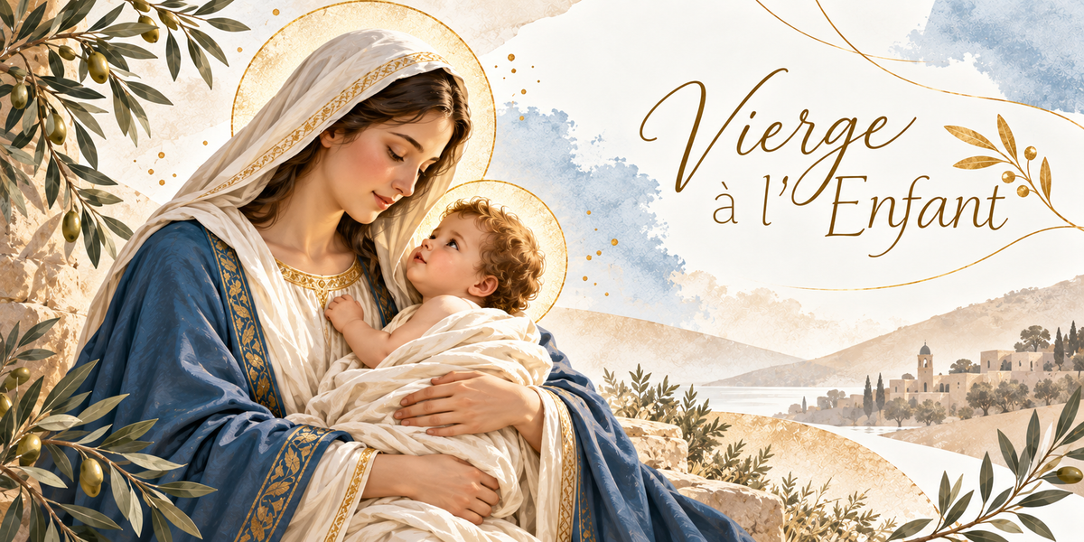 Illustration à l'aquarelle d'une Vierge à l'Enfant, Marie vue de trois quarts, voile blanc à galon doré et nimbe d'or, manteau bleu profond brodé, les yeux baissés vers l'enfant emmailloté de drap blanc qu'elle tient dans ses bras et qui lève le regard vers elle, un nimbe doré autour de sa tête bouclée, des rameaux d'olivier en bordure, des collines claires, un lac et un village aux dômes et aux cyprès au loin, et le titre Vierge à l'Enfant en lettres dorées