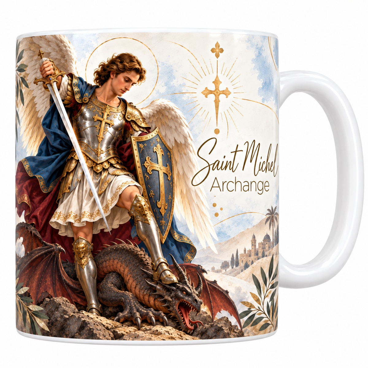 Mug céramique blanche 330 ml illustré de saint Michel Archange en armure d'acier et d'or, épée levée et bouclier bleu à la croix dorée, grandes ailes blanches, un pied sur un dragon terrassé, et le titre Saint Michel Archange en lettres dorées