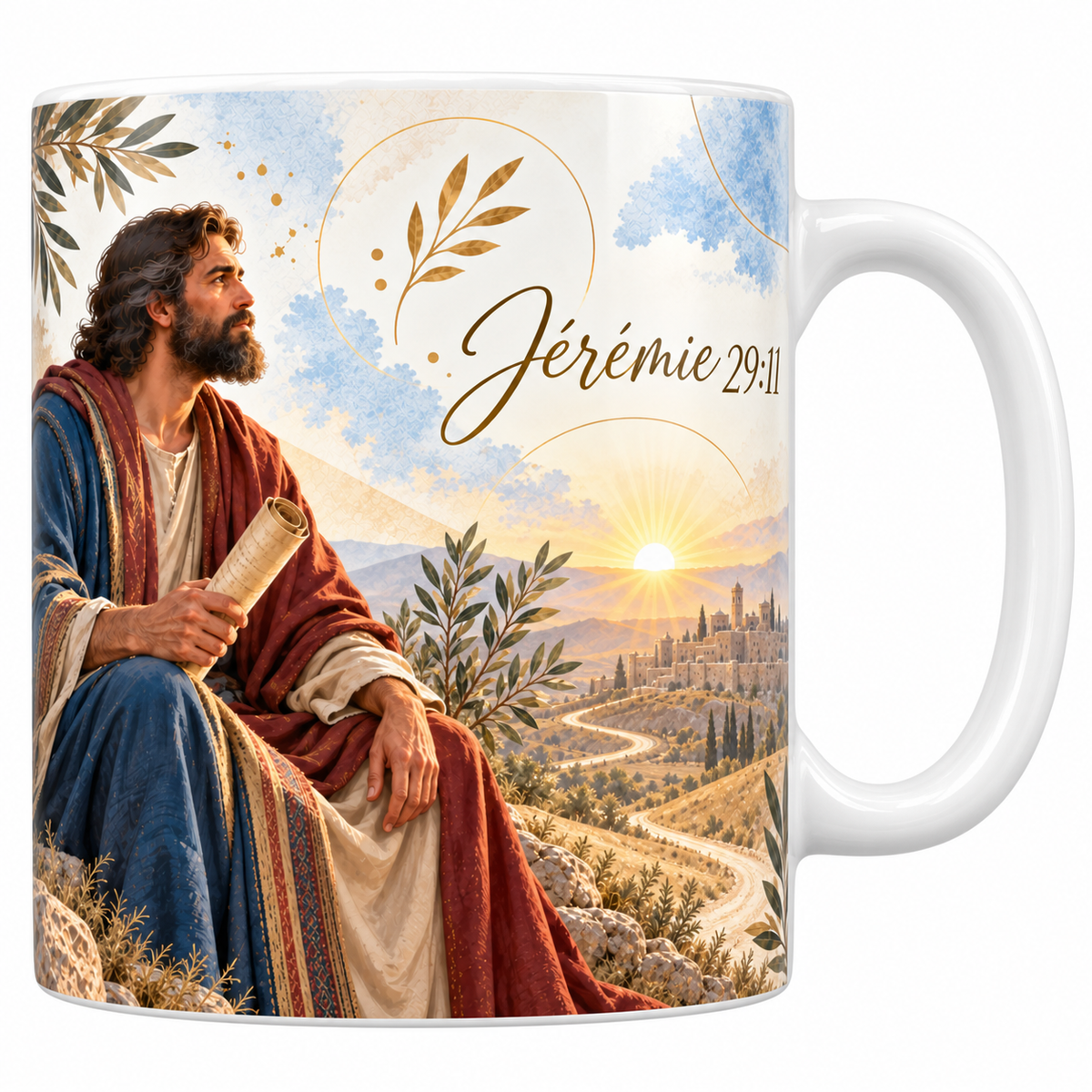 Mug céramique blanche 330 ml illustré du prophète Jérémie assis sous un olivier, un rouleau dans les mains, le regard vers un soleil levant qui éclaire une ville fortifiée, avec la référence Jérémie 29:11 en lettres dorées