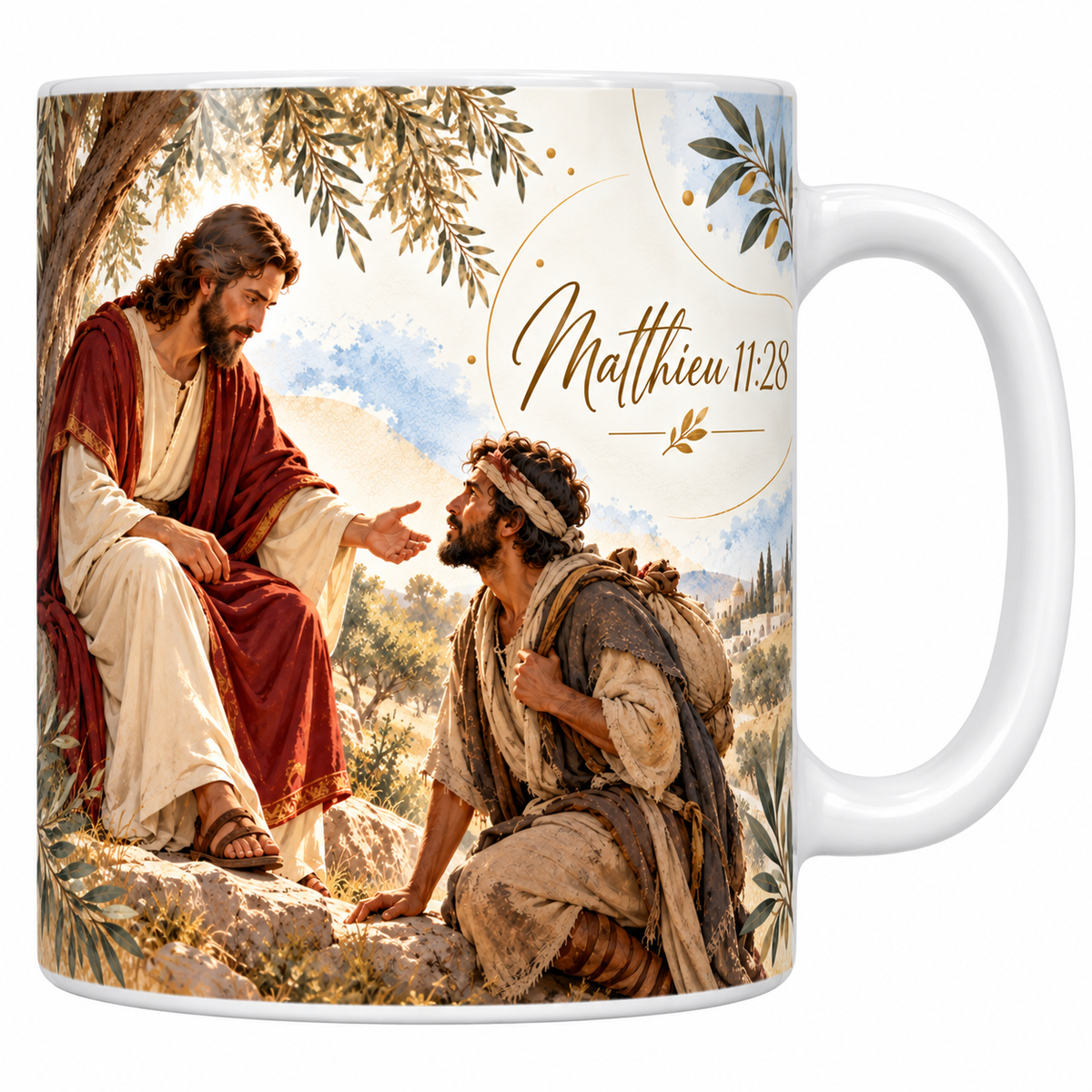 Mug céramique blanche 330 ml illustré d'un homme assis sous un olivier, manteau rouge bordé d'or, la main tendue vers un homme agenouillé courbé sous un lourd ballot, avec la référence Matthieu 11:28 en lettres dorées