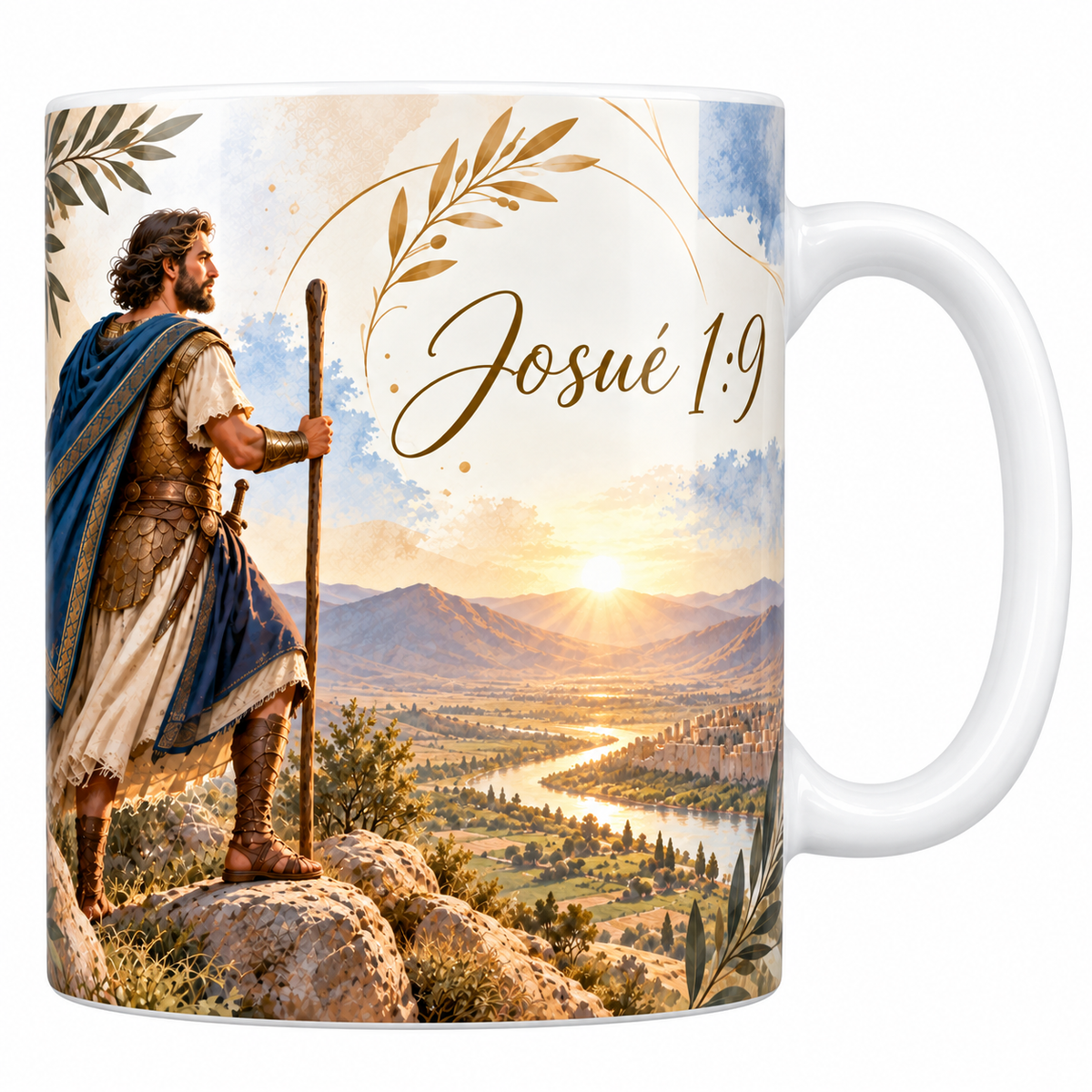 Mug céramique blanche 330 ml illustré d'un homme en armure d'écailles et cape bleue debout sur un rocher, appuyé sur un long bâton, face à une vallée et une ville fortifiée au soleil levant, avec la référence Josué 1:9 en lettres dorées