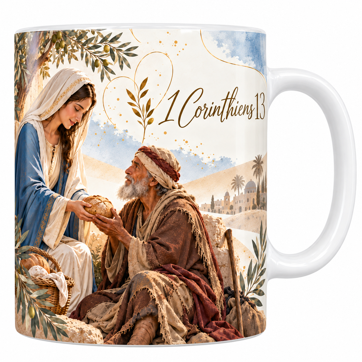 Mug céramique blanche 330 ml illustré d'une femme en manteau bleu et voile blanc qui tend un pain rond à un vieil homme pauvrement vêtu, un panier de pains à ses pieds et un cœur doré au-dessus, avec la référence 1 Corinthiens 13 en lettres dorées