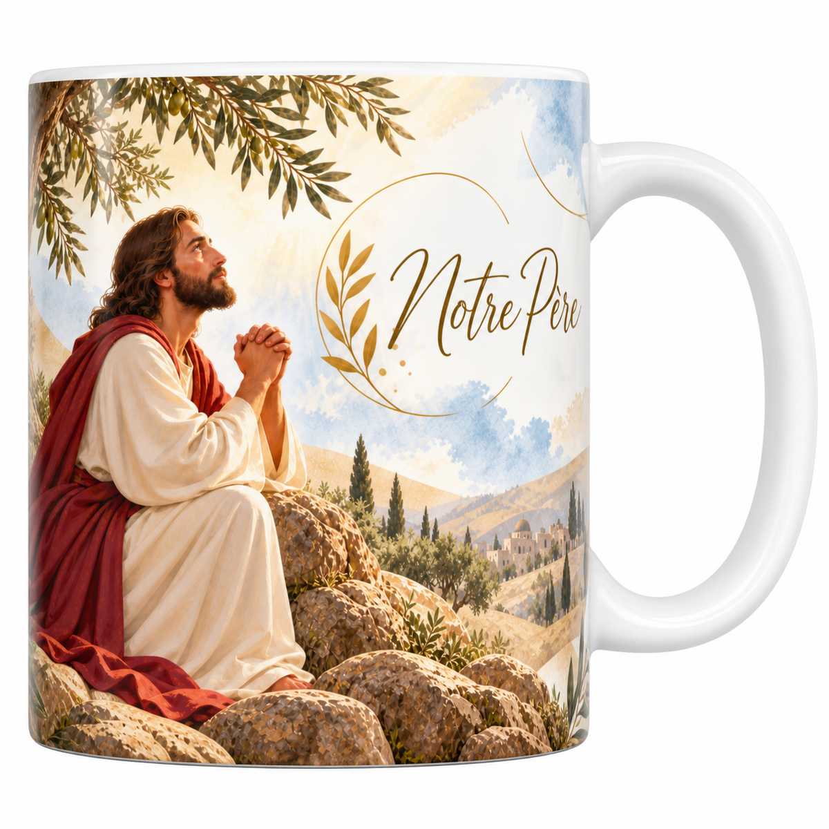 Mug céramique blanche 330 ml illustré d'un homme en tunique écrue et manteau rouge agenouillé sous un olivier, les mains jointes et le regard levé vers un ciel de rayons, avec le titre Notre Père en lettres dorées
