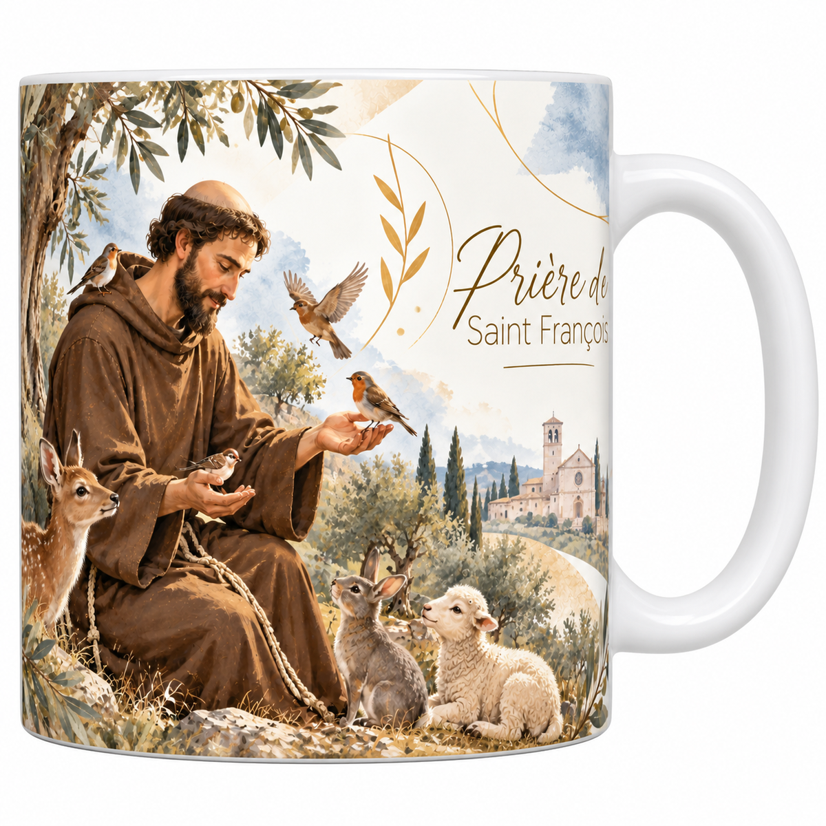 Mug céramique blanche 330 ml illustré d'un moine en bure brune assis sous un olivier, un rouge-gorge posé sur sa main, un faon, un lapin et un agneau autour de lui, une église sur la colline, avec le titre Prière de Saint François en lettres dorées
