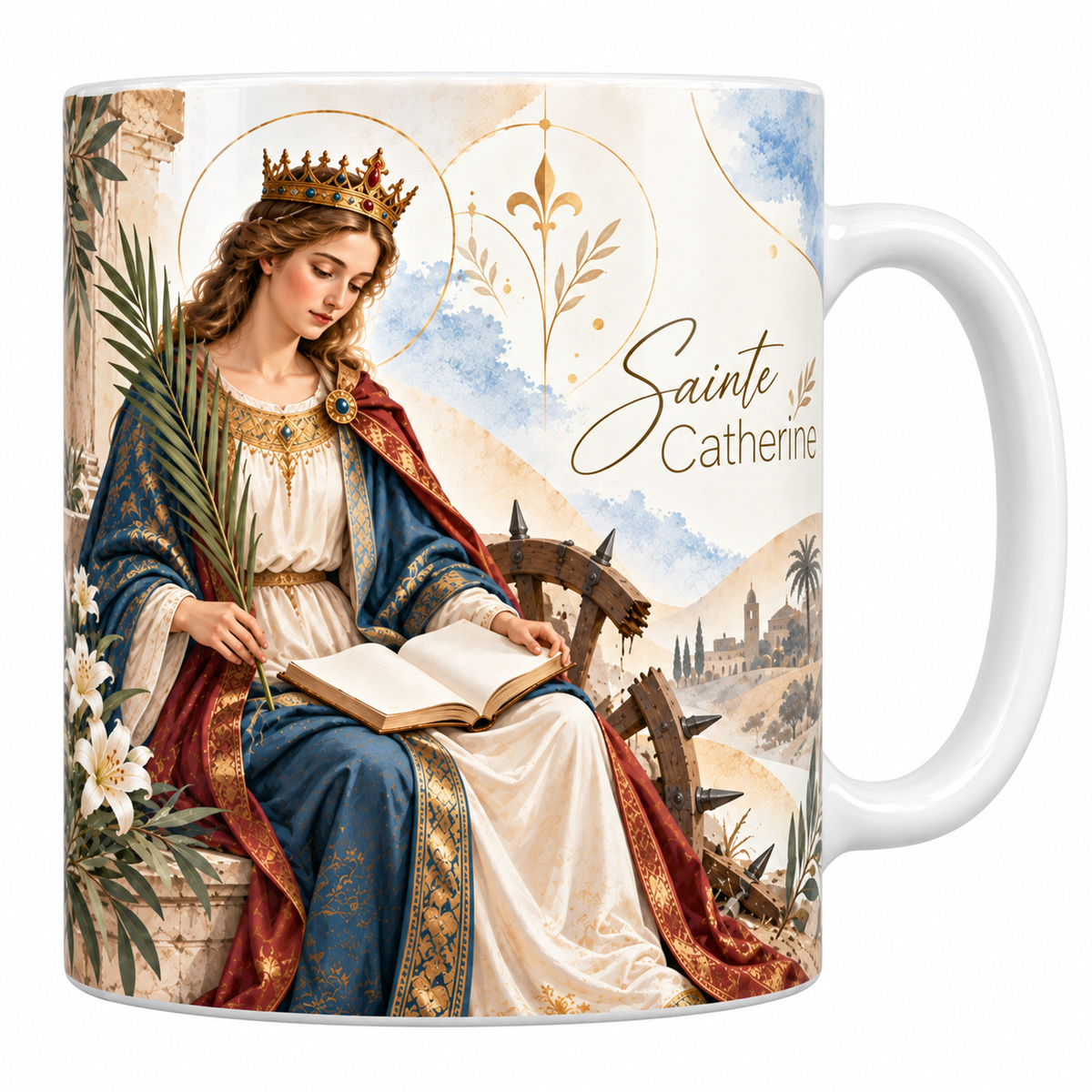 Mug céramique blanche 330 ml illustré de sainte Catherine couronnée d'or, manteau bleu brodé et doublé de rouge, une palme et un livre ouvert, assise près d'une roue de bois hérissée de pointes et brisée, avec le titre Sainte Catherine en lettres dorées
