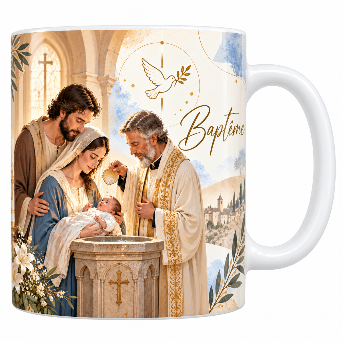 Mug céramique blanche 330 ml illustré d'un baptême, un prêtre en aube blanche versant l'eau d'une coquille sur la tête d'un nourrisson tenu par sa mère, les fonts de pierre et le cierge allumé, avec le titre Baptême en lettres dorées