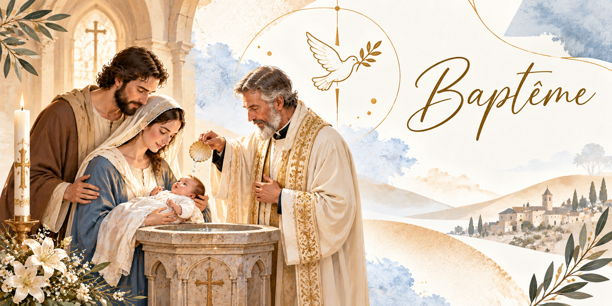 Illustration à l'aquarelle d'une scène de baptême dans une église, un prêtre âgé en aube blanche et étole dorée versant l'eau d'une coquille sur la tête d'un nourrisson enveloppé de blanc, la mère en robe bleue et voile clair qui le tient au-dessus des fonts de pierre gravés d'une croix, le père en manteau brun derrière elle la main sur son épaule, un grand cierge allumé sur un pied doré, des lys blancs, les arcs et la croix de l'église, et le titre Baptême en lettres dorées sous une colombe au rameau