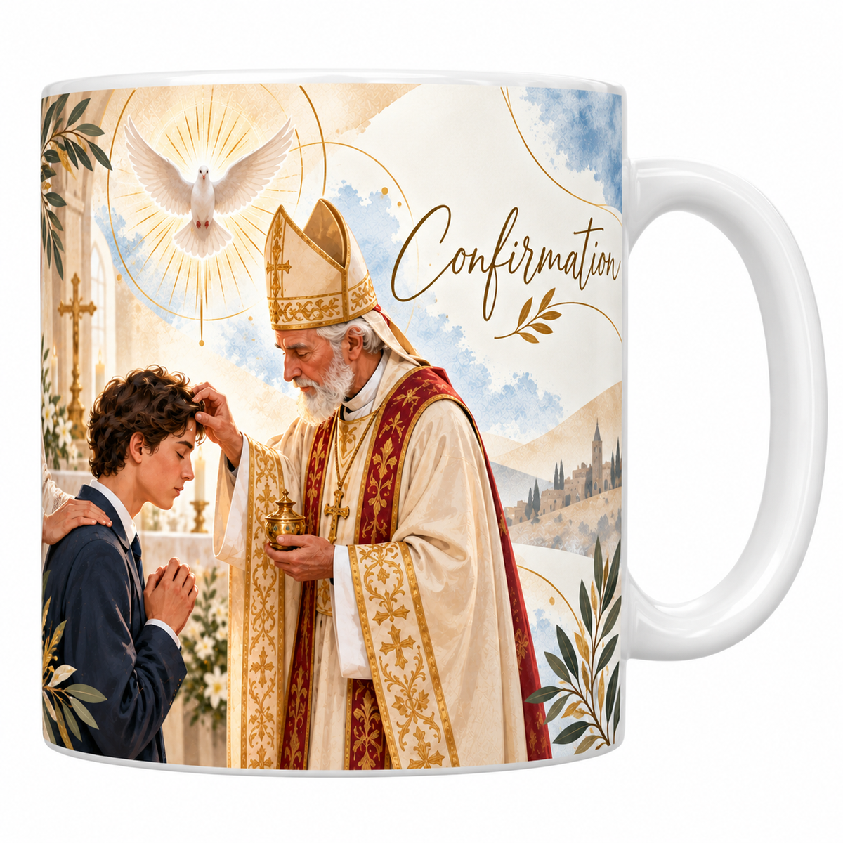 Mug céramique blanche 330 ml illustré d'un évêque en mitre dorée posant la main sur le front d'un adolescent qui incline la tête et joint les mains, le vase du saint chrême dans l'autre main, une colombe rayonnante au-dessus, avec le titre Confirmation en lettres dorées