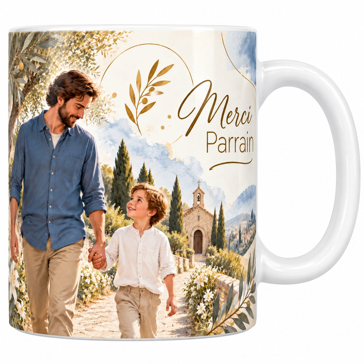 Mug céramique blanche 330 ml illustré d'un homme en chemise bleue tenant par la main un petit garçon en chemise blanche, sur un chemin pavé bordé de fleurs vers une chapelle de pierre, avec le titre Merci Parrain en lettres dorées