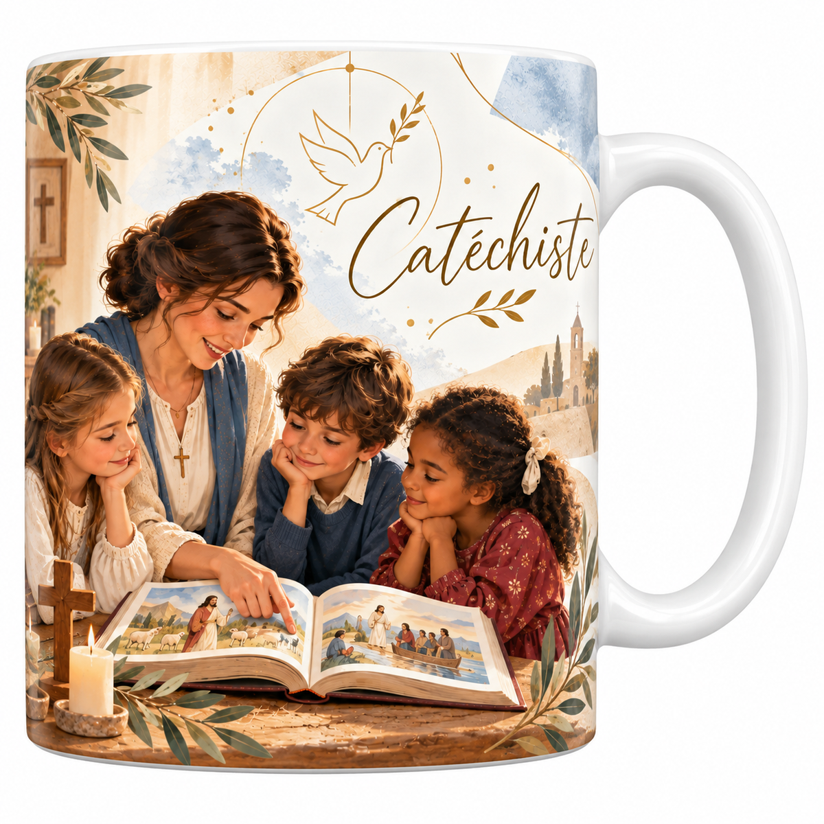 Mug céramique blanche 330 ml illustré d'une catéchiste en châle bleu assise à une table de bois avec trois enfants penchés sur une grande bible illustrée ouverte, une bougie et une croix de bois, avec le titre Catéchiste en lettres dorées