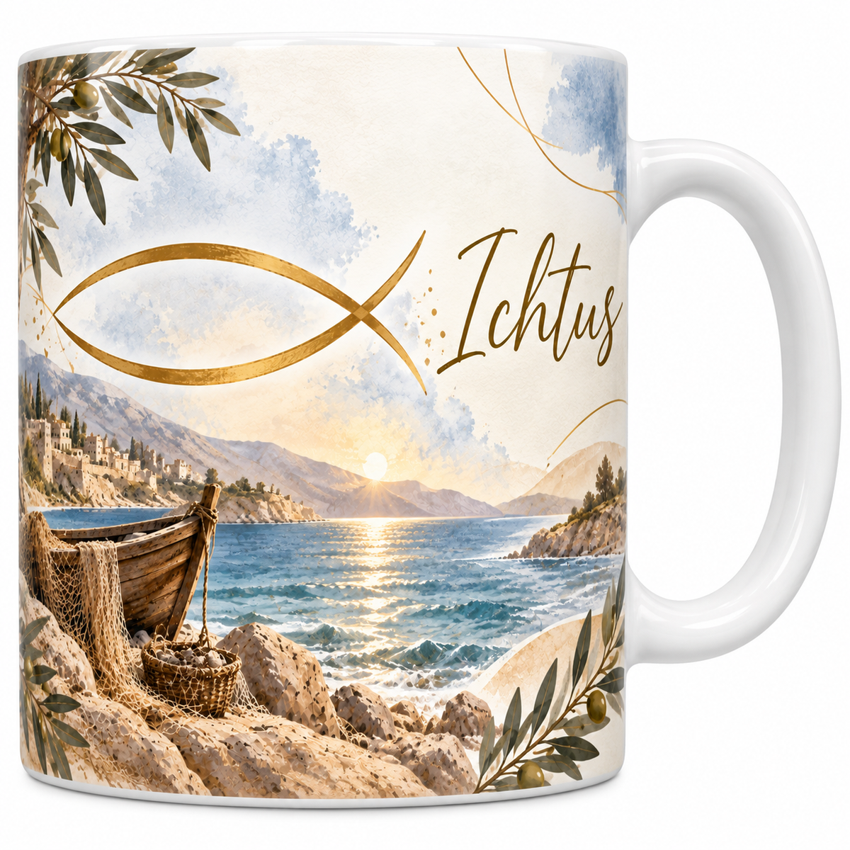 Mug céramique blanche 330 ml illustré du grand signe doré du poisson à deux arcs croisés tracé au-dessus d'une baie, une barque de bois et ses filets sur les rochers, avec le titre Ichtus en lettres dorées
