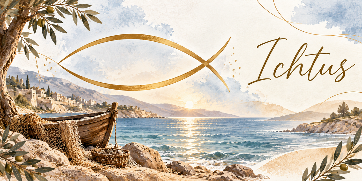 Illustration à l'aquarelle d'un grand signe doré en forme de poisson, deux arcs épais qui se croisent, tracé dans un ciel clair au-dessus d'une baie, une vieille barque de bois échouée sur les rochers avec ses filets de pêche et un panier d'osier au premier plan, un olivier chargé d'olives, un village de pierre au bord de l'eau à gauche, la mer bleue et un soleil bas sur l'horizon, et le titre Ichtus en lettres dorées