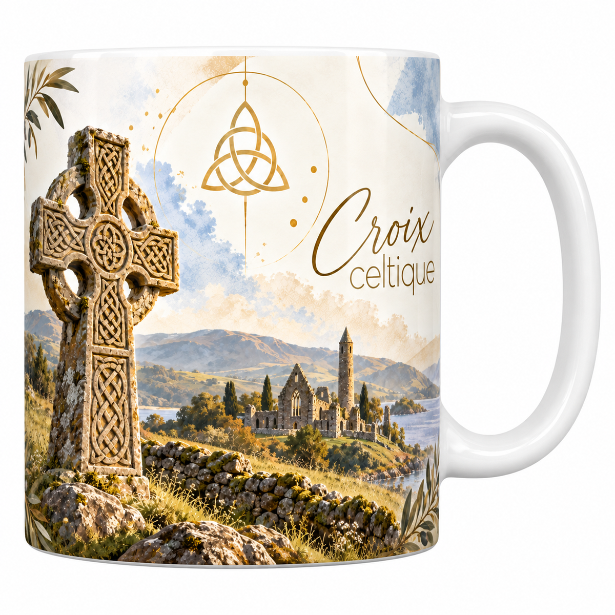 Mug céramique blanche 330 ml illustré d'une haute croix celtique de pierre couverte d'entrelacs, l'anneau autour de la croisée, dressée au bord d'un lac devant les ruines d'une abbaye et une tour ronde, avec le titre Croix celtique en lettres dorées