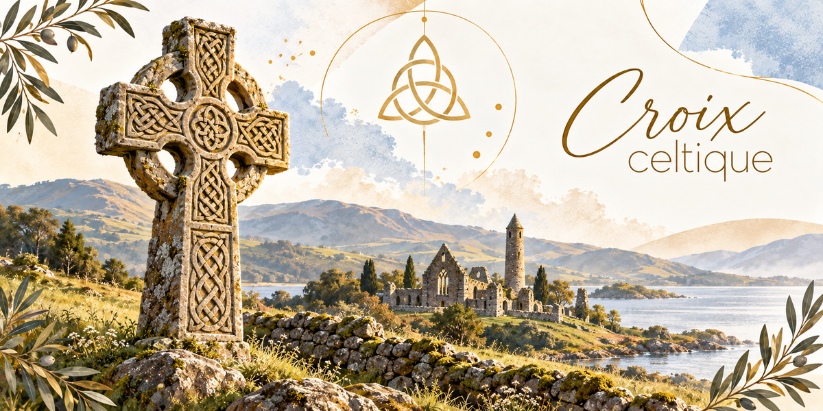 Illustration à l'aquarelle d'une haute croix celtique de pierre claire couverte d'entrelacs sculptés et de lichens, l'anneau refermé autour de la croisée, dressée sur un socle de rochers au bord d'un lac, des murets de pierre sèche et une prairie verte au premier plan, les ruines d'une abbaye gothique et une tour ronde au loin, des collines et un ciel clair, et le titre Croix celtique en lettres dorées sous un nœud de trinité