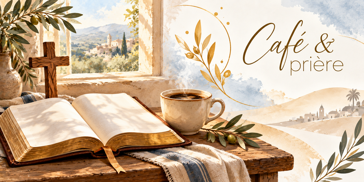 Illustration à l'aquarelle d'une table de bois près d'une fenêtre de pierre ouverte sur un village et des collines, une grande bible ouverte à tranche dorée avec un signet de soie, une tasse de café fumant en céramique crème, une petite croix de bois dressée, un linge rayé bleu et blanc, une jarre et un rameau d'olivier chargé d'olives, la lumière du matin en travers de la page, et le titre Café et prière en lettres dorées