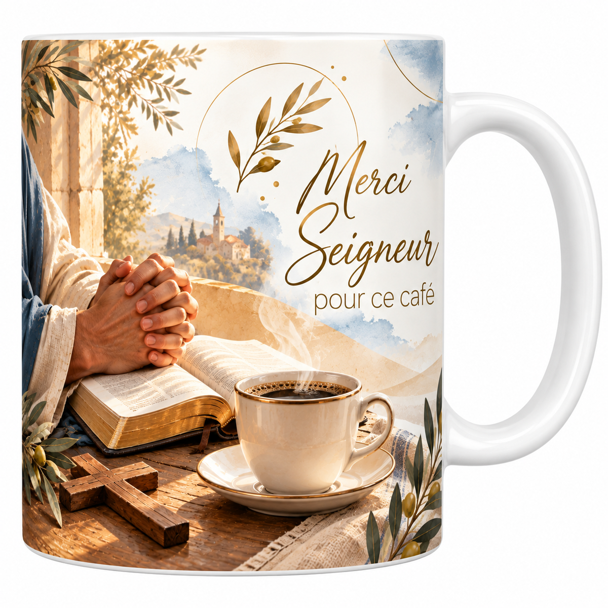 Mug céramique blanche 330 ml illustré de mains jointes posées sur une bible ouverte, une tasse de café qui fume sur sa soucoupe et une croix de bois sur la table, avec la phrase Merci Seigneur pour ce café en lettres dorées
