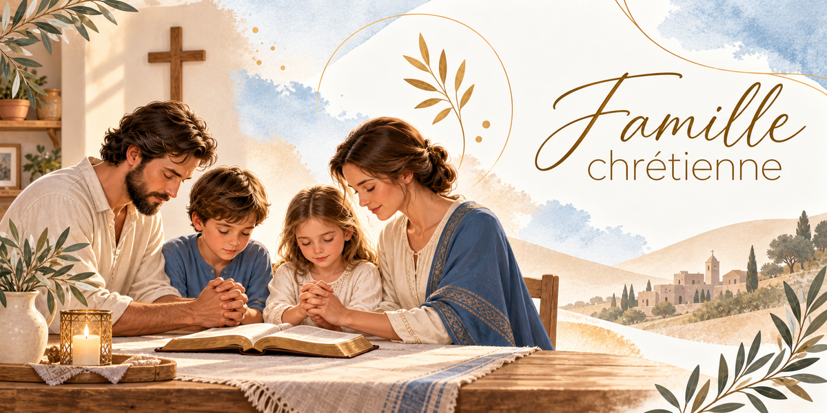 Illustration à l'aquarelle d'une famille autour d'une table de bois, un homme barbu en chemise écrue, un garçon en tunique bleue, une fillette blonde et une femme en châle bleu brodé, tous les quatre penchés les mains jointes devant une grande bible ouverte à tranche dorée, une bougie allumée dans sa lanterne, un vase de verdure, une croix de bois au mur, un chemin de table rayé, et un village au loin, et le titre Famille chrétienne en lettres dorées