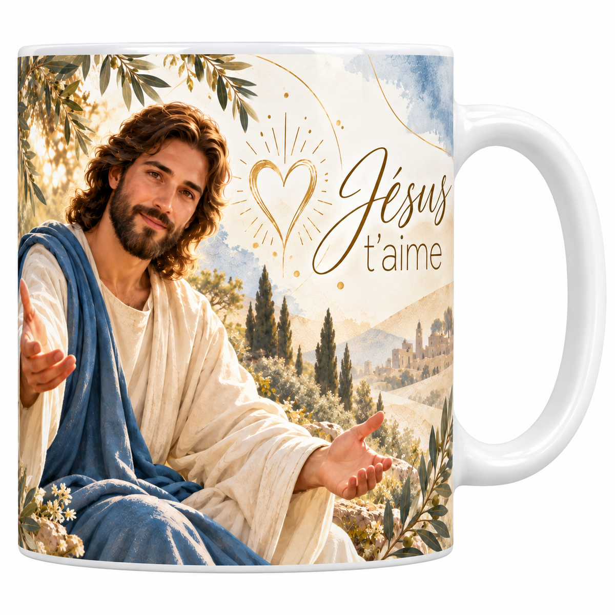 Mug céramique blanche 330 ml illustré d'un homme en tunique écrue et manteau bleu assis sous un olivier, les deux mains tendues vers l'avant, un cœur doré rayonnant à côté de lui, avec la phrase Jésus t'aime en lettres dorées