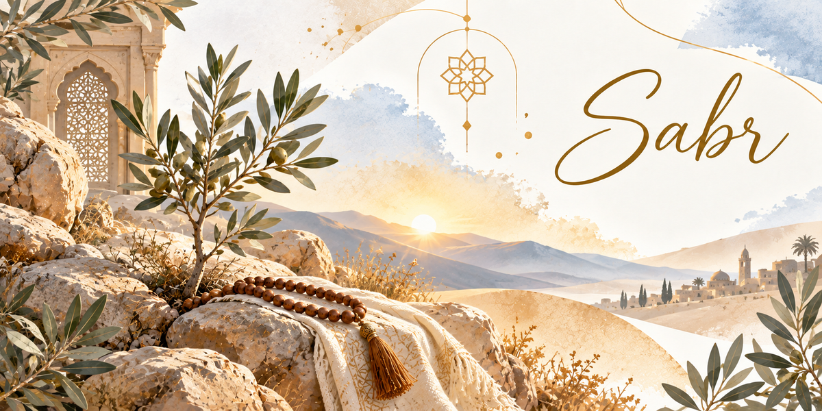Illustration à l'aquarelle d'un soleil levant bas sur des collines bleutées et des dunes de sable clair, une étoffe crème à franges et pompon brun posée sur un gros rocher au premier plan avec un chapelet de perles brunes à gland, des herbes et des branchages dorés, un rameau d'olivier chargé d'olives, une rosette géométrique dorée suspendue dans un cercle, des cyprès, des palmiers et un village à dôme et minaret au loin, et le mot Sabr en lettres dorées