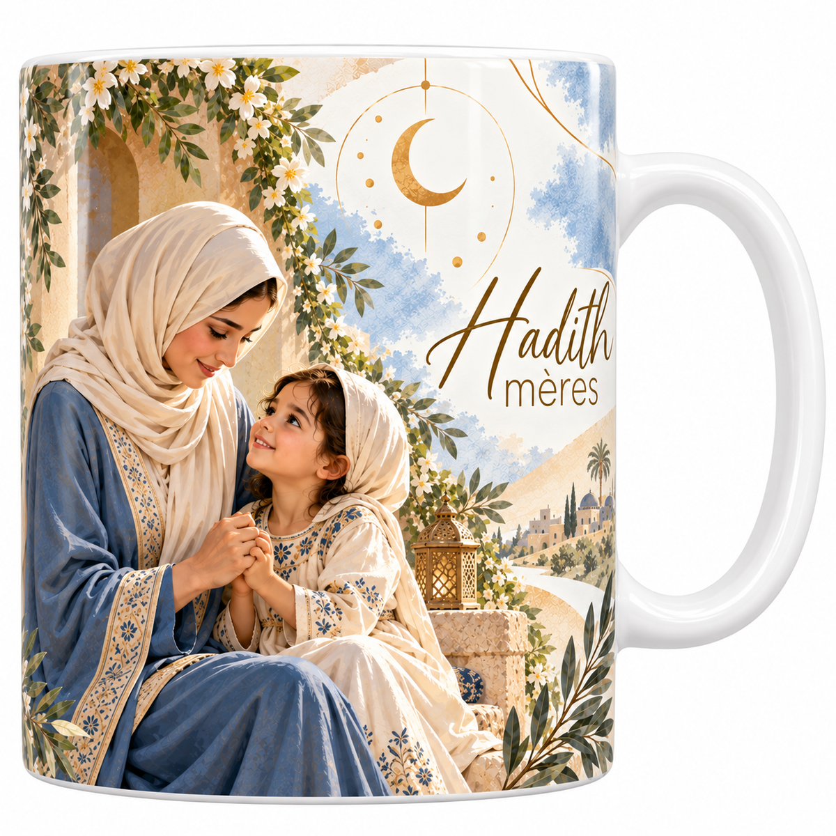 Mug céramique blanche 330 ml illustré d'une femme en abaya bleue et hijab crème tenant les mains de sa petite fille sous une arcade fleurie de jasmin, une lanterne dorée et un croissant, avec la mention Hadith mères en lettres dorées
