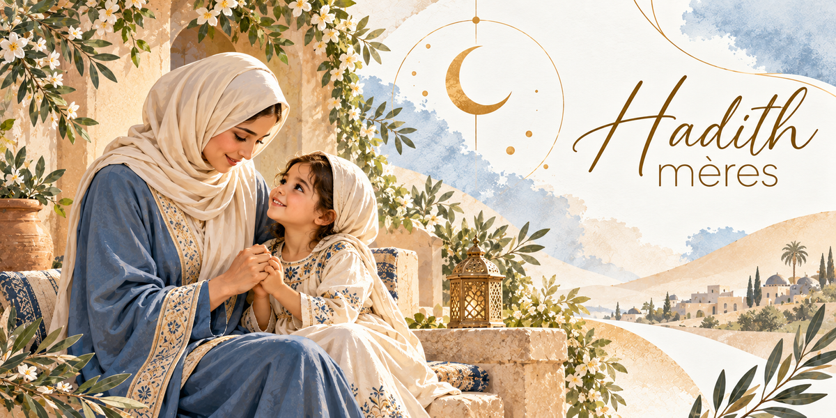 Illustration à l'aquarelle d'une femme en abaya bleue à galons brodés et hijab crème assise sur un banc de pierre sous une arcade couverte de jasmin et d'oliviers, tenant les mains de sa petite fille en robe crème brodée de bleu, les deux visages tournés l'un vers l'autre, une petite lanterne de laiton posée sur le muret, un croissant doré dans un cercle, des collines claires, des palmiers et un village de pierre à dôme au loin, avec la mention Hadith mères en lettres dorées