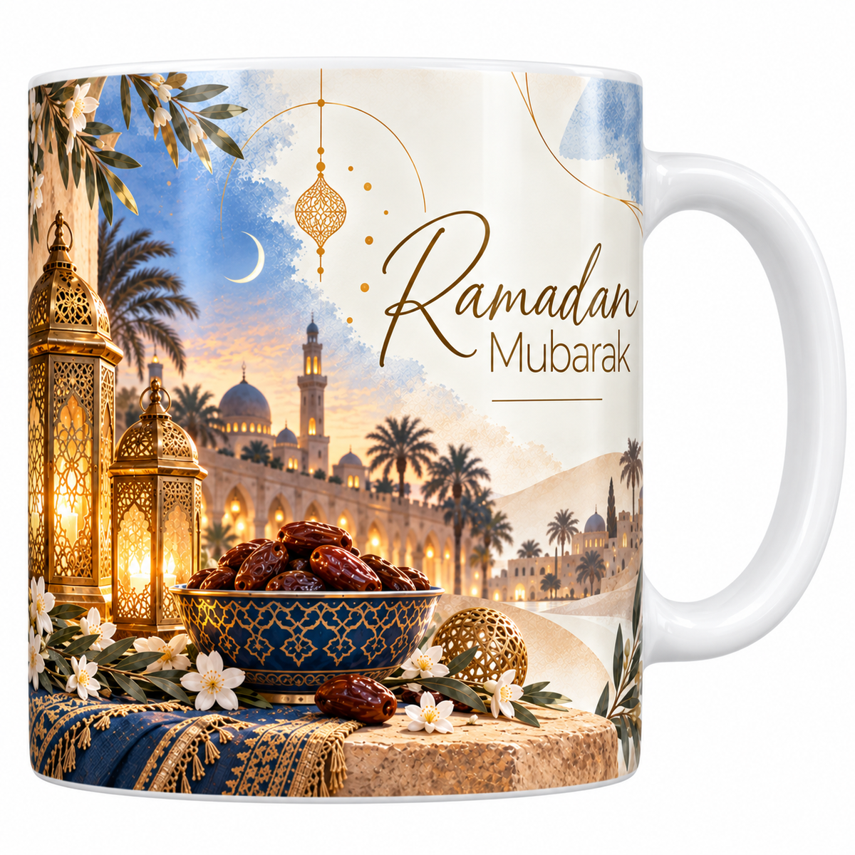 Mug céramique blanche 330 ml illustré de deux lanternes de laiton allumées et d'un grand bol bleu et or rempli de dattes sur une nappe bleu nuit, avec une mosquée au couchant et la formule Ramadan Mubarak en lettres dorées