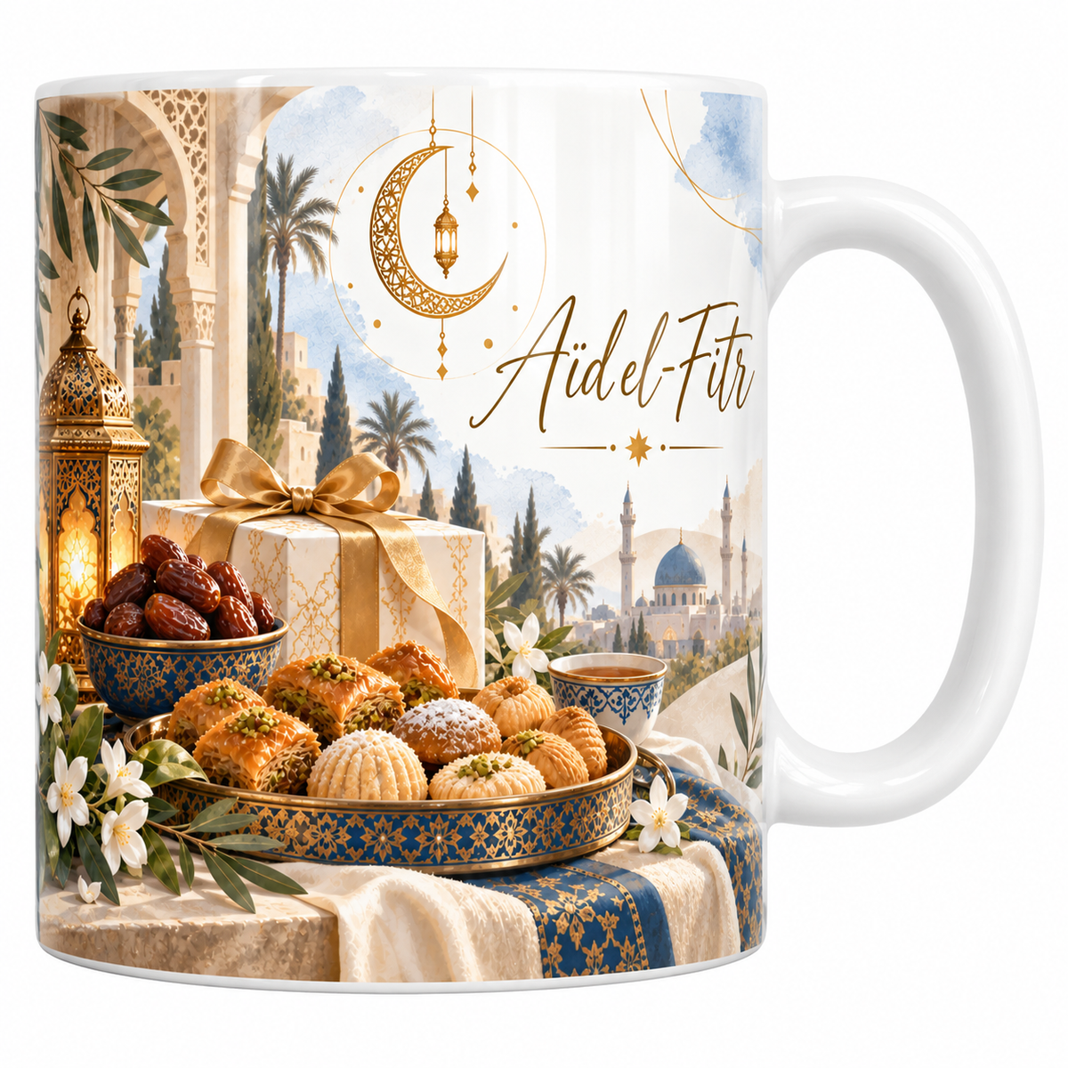 Mug céramique blanche 330 ml illustré d'un plateau doré de pâtisseries, d'un bol de dattes, d'un paquet cadeau à ruban doré et d'une lanterne allumée sur une nappe bleu nuit, avec la formule Aïd el-Fitr en lettres dorées
