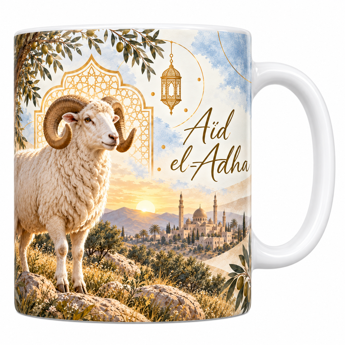 Mug céramique blanche 330 ml illustré d'un bélier blanc à grandes cornes debout sur un rocher sous un olivier, devant une arcade dorée et une vallée au soleil levant, avec la formule Aïd el-Adha en lettres dorées