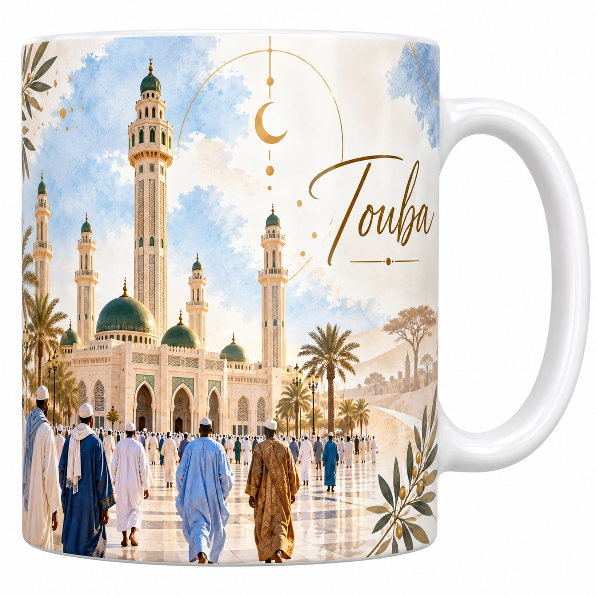 Mug céramique blanche 330 ml illustré de la grande mosquée de Touba, ses coupoles vertes et son haut minaret central, avec la foule en boubous sur l'esplanade de marbre et le titre Touba en lettres dorées