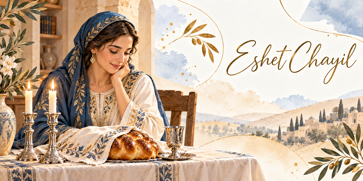 Illustration à l'aquarelle d'une jeune femme brune en robe crème brodée de bleu et d'or, un foulard bleu brodé de rinceaux dorés sur les cheveux, assise à une table la joue posée dans la main et les yeux baissés, deux bougeoirs d'argent portant des bougies allumées, une challah tressée sous un linge brodé, une coupe de kiddouch en argent sur son plateau, une étagère de livres et une jarre derrière elle, les collines et la ville au loin, et la formule Eshet Chayil en lettres dorées