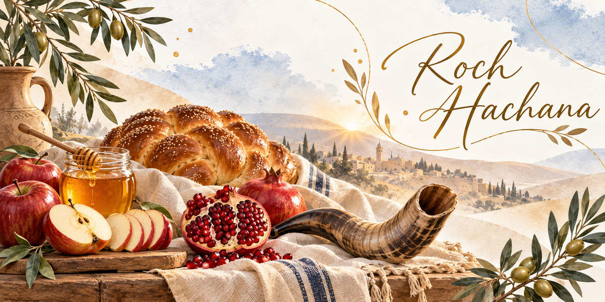 Illustration d'une challah ronde tressée et dorée posée sur un linge écru à raies bleues, d'un pot de miel ouvert avec sa cuillère de bois, de pommes rouges entières et coupées en tranches, d'une grenade fendue montrant ses grains et d'une autre entière, d'un grand shofar de corne de bélier torsadée, d'une jarre de terre et de rameaux d'olivier, Jérusalem et ses collines au soleil levant au loin, et le titre Roch Hachana en lettres dorées