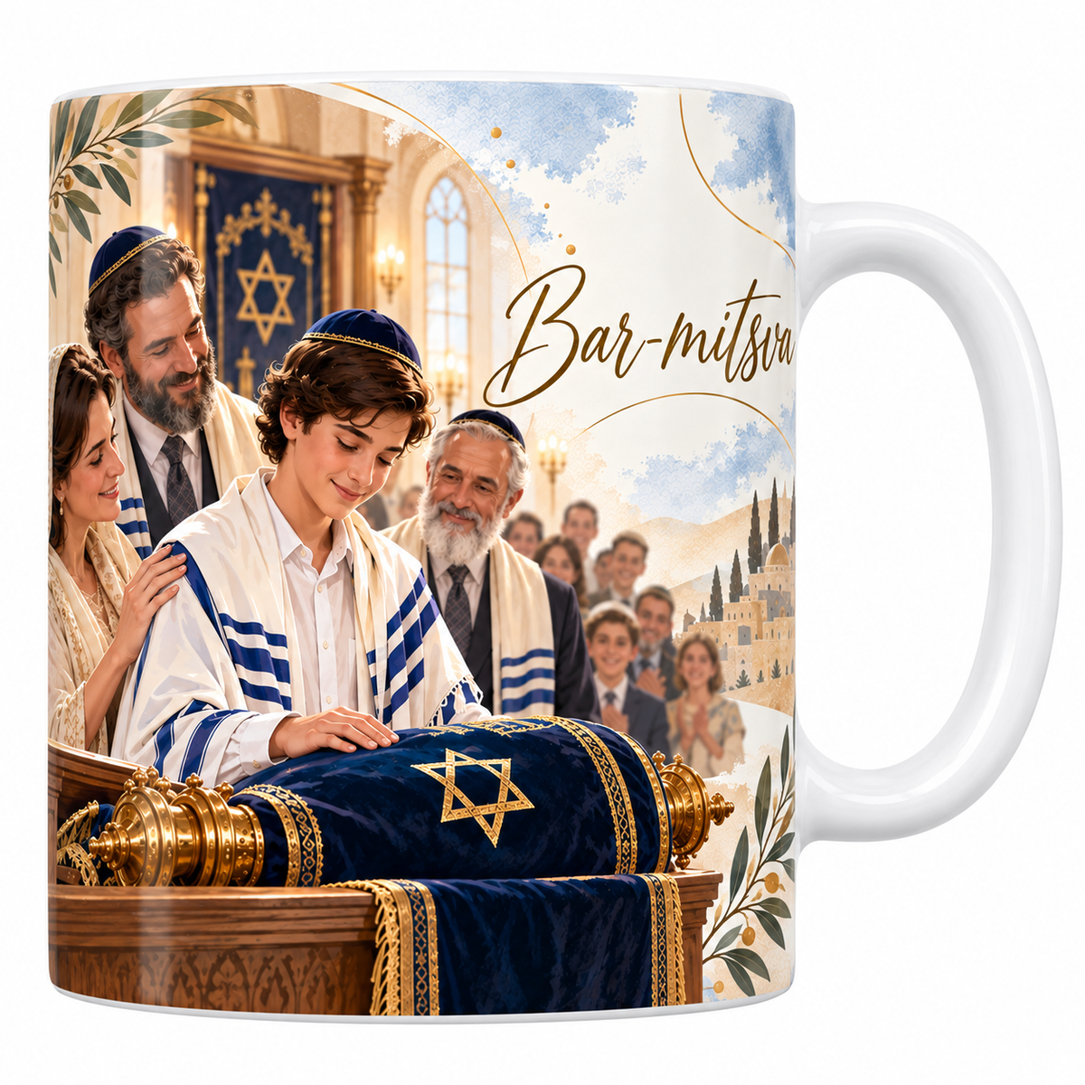 Mug céramique blanche 330 ml illustré d'un garçon en talit et calotte penché sur un rouleau de Torah en manteau de velours bleu, entouré de sa famille dans une synagogue, avec le titre Bar-mitsva en lettres dorées