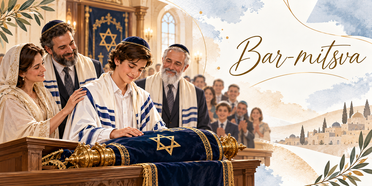 Illustration d'un garçon aux cheveux bouclés portant un talit blanc à raies bleues et une calotte de velours, penché et souriant au-dessus d'un rouleau de Torah couvert d'un manteau de velours bleu nuit brodé d'une étoile de David dorée et surmonté de deux couronnes d'argent, sa mère et son père en talit à côté de lui, un homme âgé à barbe blanche, l'assemblée qui applaudit, l'arche à rideau bleu et le vitrail de la synagogue, et le titre Bar-mitsva en lettres dorées