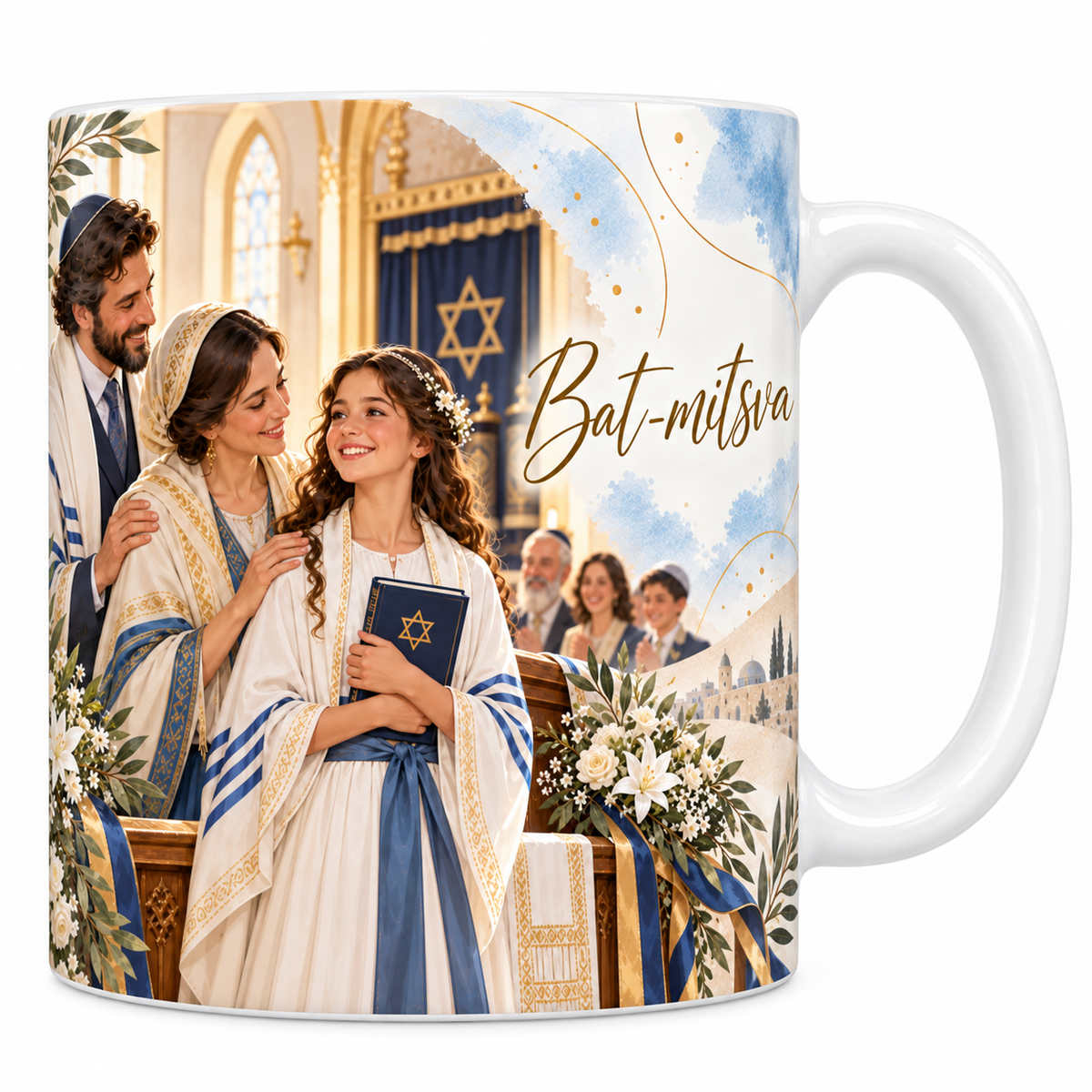 Mug céramique blanche 330 ml illustré d'une jeune fille à couronne de fleurs en robe blanche et châle de prière, serrant un livre bleu à étoile de David, ses parents derrière elle, avec le titre Bat-mitsva en lettres dorées