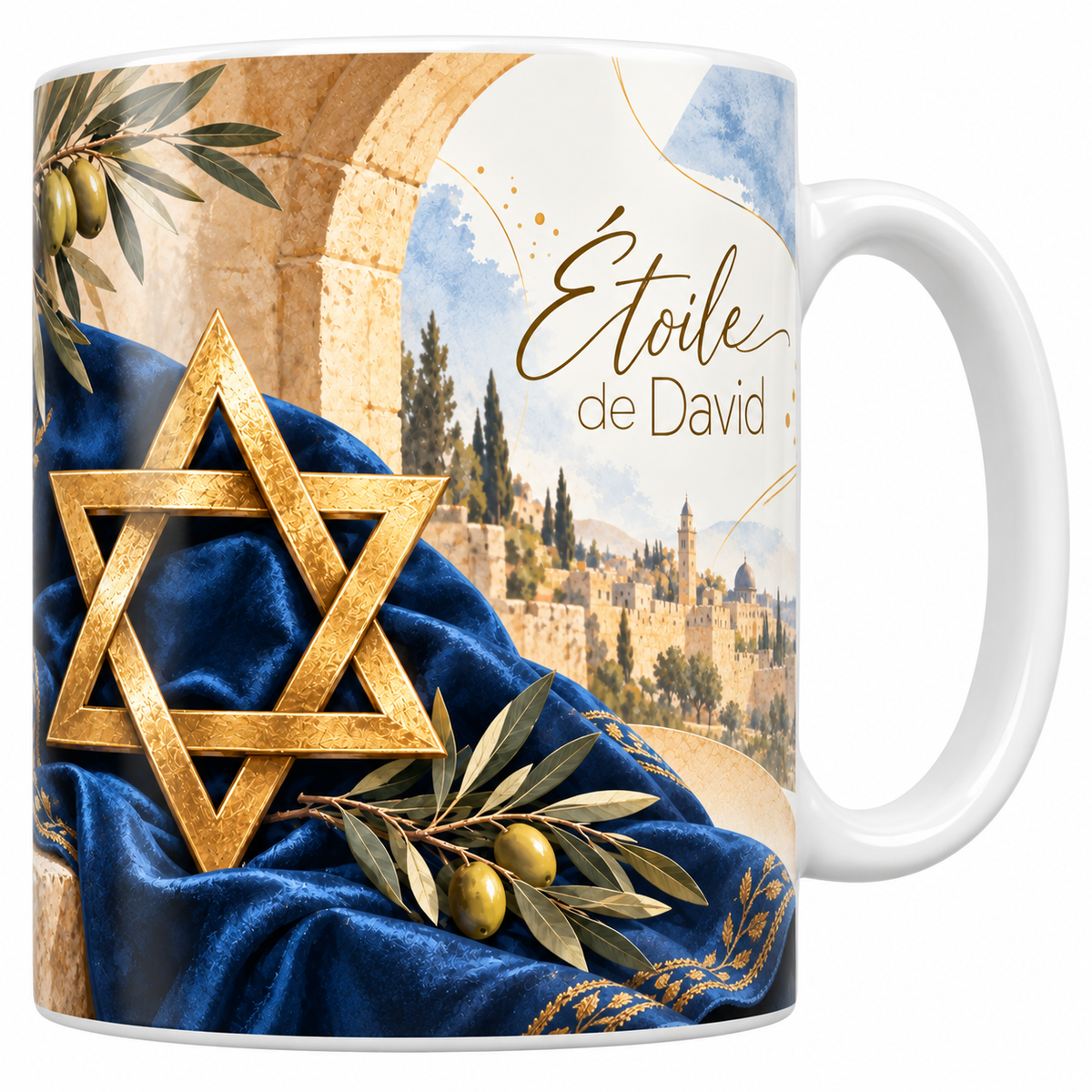 Mug céramique blanche 330 ml illustré d'une grande étoile à six branches en bois doré posée sur une étoffe de velours bleu nuit brodée d'or, sous une arcade, avec Jérusalem au loin et le titre Étoile de David en lettres dorées