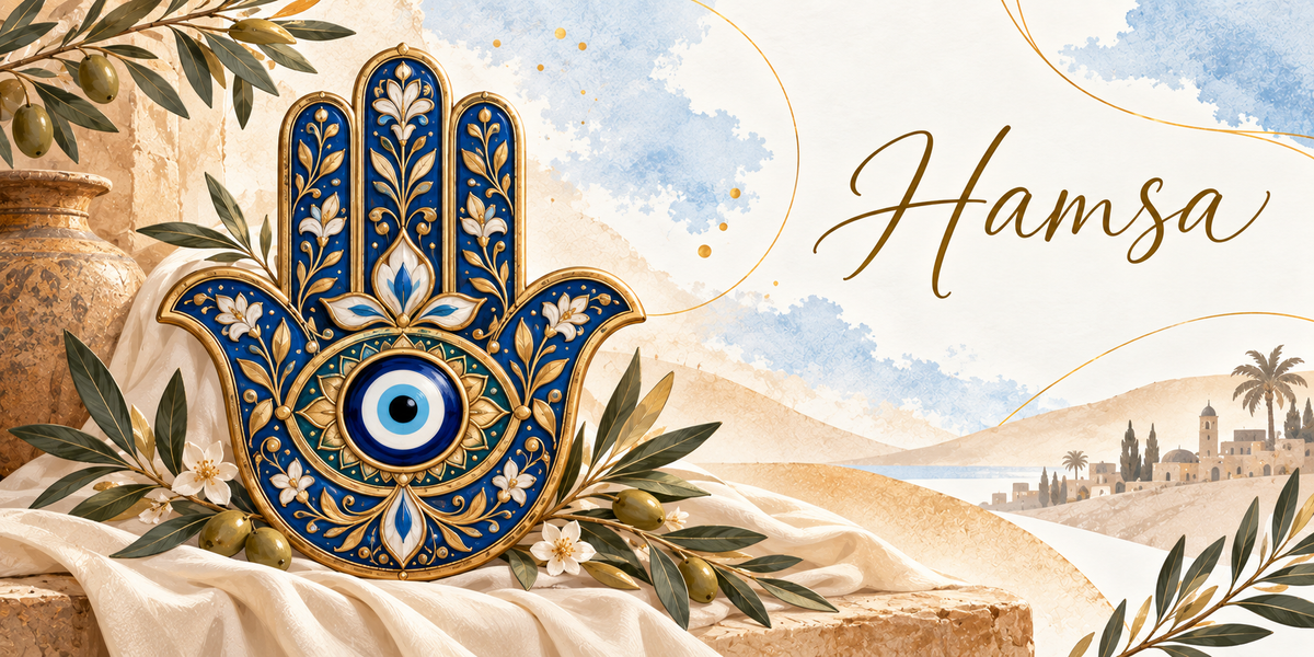 Illustration à l'aquarelle d'une grande main hamsa en émail bleu profond rehaussé de blanc et d'or, ornée de fleurs et de rinceaux, un oeil bleu et blanc en son centre, dressée sur une étoffe crème drapée au bord d'un muret de pierre, une jarre de terre à gauche, des rameaux d'olivier chargés d'olives et des fleurs blanches, les dunes et une ville de pierre à coupoles au loin, et le titre Hamsa en lettres dorées