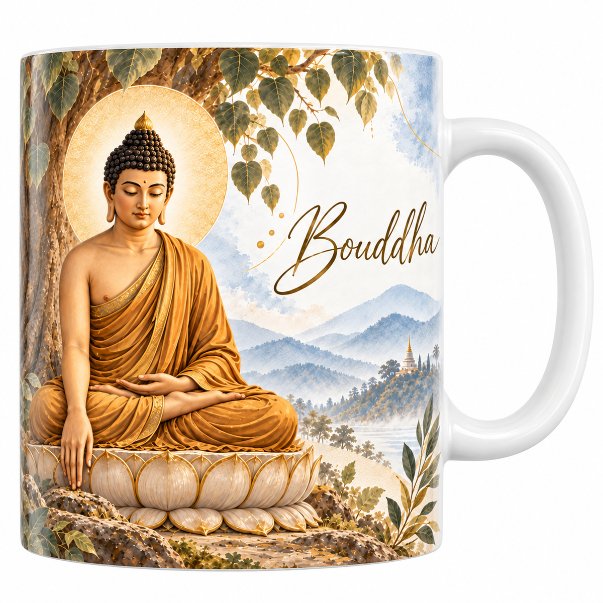 Mug céramique blanche 330 ml illustré d'un Bouddha doré assis en méditation sur un socle de lotus sous un figuier, la main droite touchant le sol, avec montagnes et stupa au loin, et le titre Bouddha en lettres dorées
