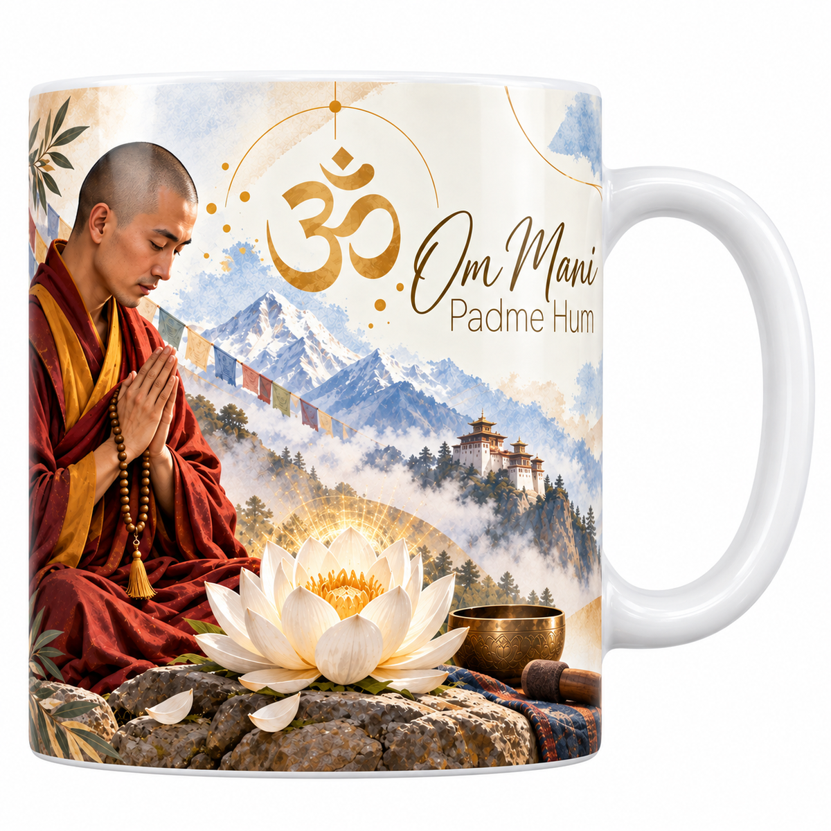 Mug céramique blanche 330 ml illustré d'un moine en robe grenat aux mains jointes devant un bol chantant et un lotus blanc, avec drapeaux de prière, monastère et Himalaya, et le titre Om Mani Padme Hum en lettres dorées